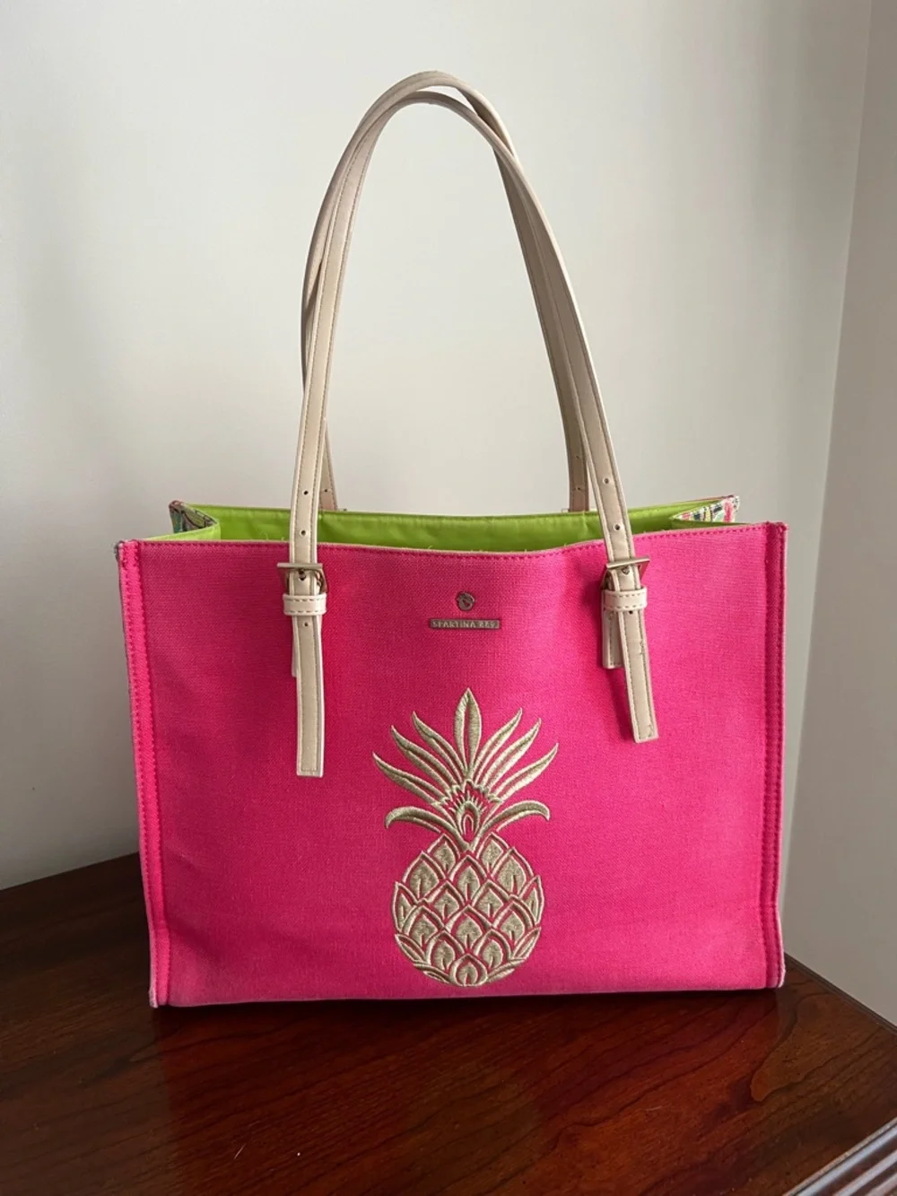 Spartina 449 Pink Pineapple Canvas Tote with Neutral Straps and Matching Wallet
